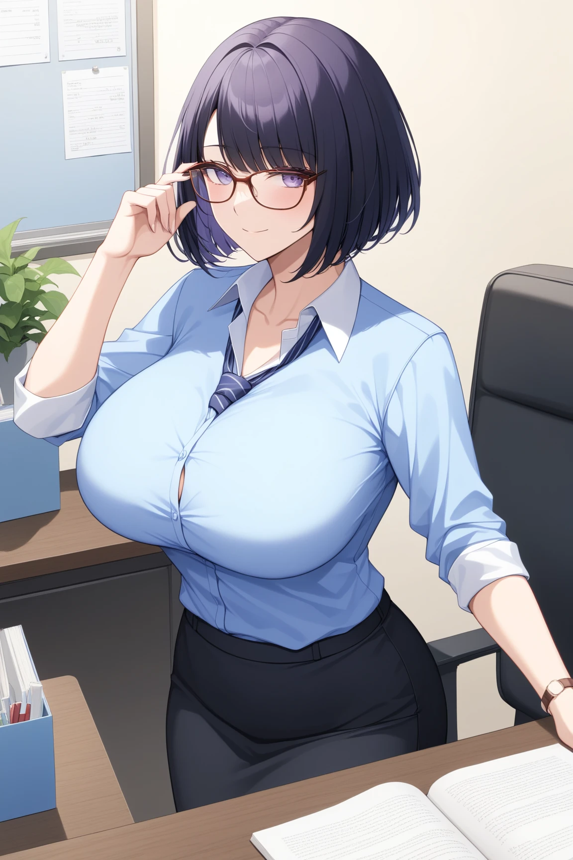 ((1 girl)),((alone)), (big breasts:1.5), blue shirt,cleavage,Glasses, collared shirt,Tight Skirt,bun hair, looking at the viewer,(single bun hair:1.2),(Sensitive smile:1.2), clavicle, blush, office lady, office room,machine,((highest quality)),((masterpiece)),(beautiful and fine eyes:1.5),8K UHD,highly detailed face,perfect image,turn your arms behind your back,Glossy and shiny,perfect anatomy,mature woman,セクシーなmature woman,30 years old,slim waist,(black hair),shiny hair,