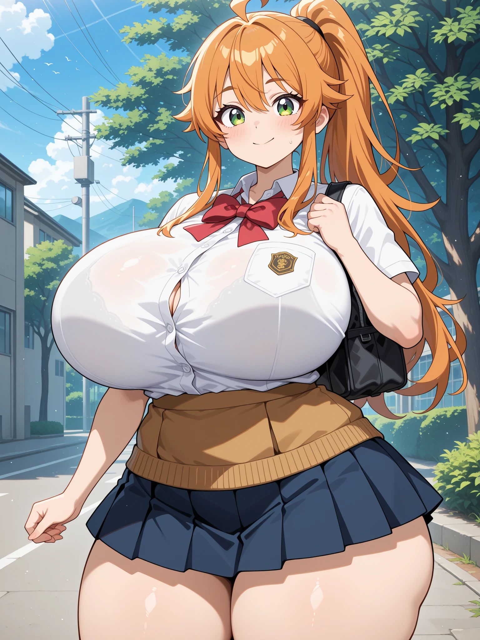 (master part, best quality), 1girl, 鎖骨, cabelos ondulados, Olhando para o Viewer, Blurry, parte superior do corpo, colar, suspenders, estampa floral, rabo-de-cavalo, sunlight, (large breasts:1.6)