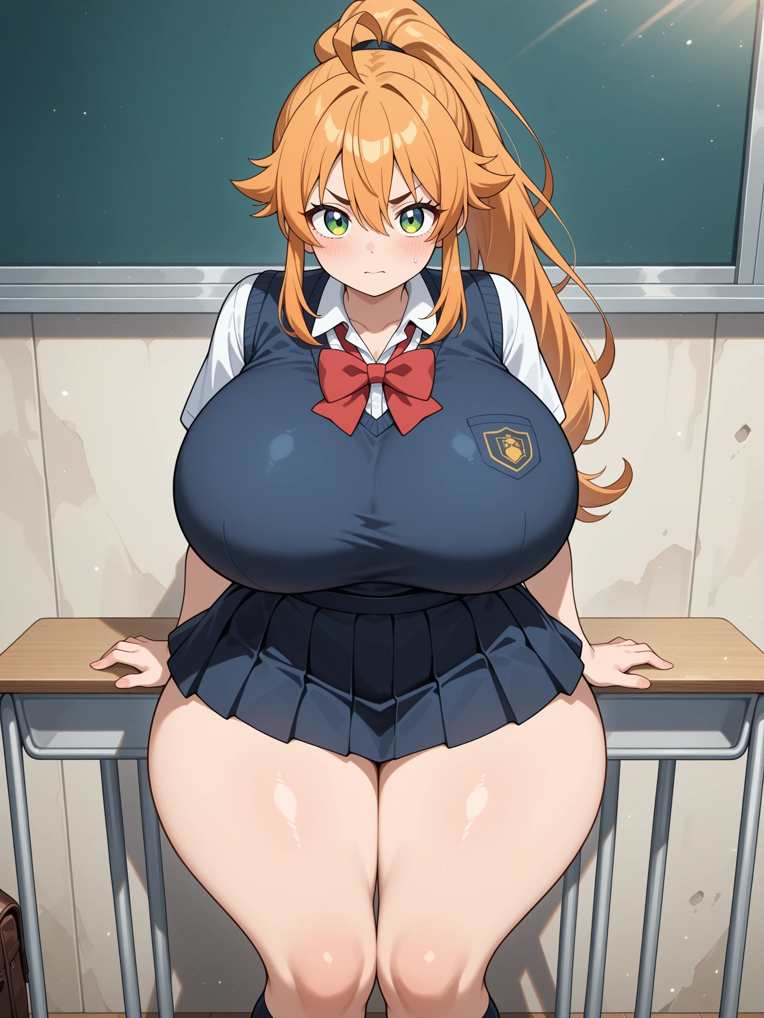 Beautiful school girl, she has orange hair in a ponytail and bangs, heart earrings, she is wearing a tight button up white shirt that is exposing cleavage and a plaid mini skirt, she is in class, she has huge breasts