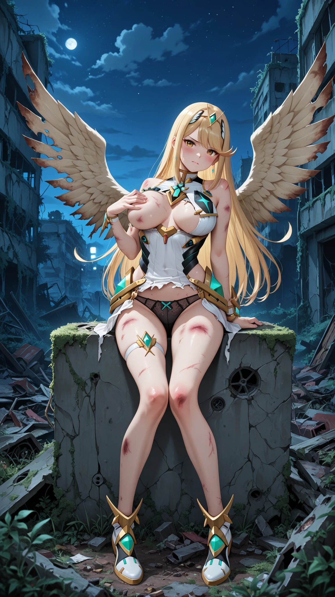 Anime. 1 Girl. Cute girl. Angel. Slave. Blonde. Long hair. Blue eyes. Beautiful eyes. Perfect eyes. Expressive eyes. Ideal face. Snotty nose. 16 years. Big breasts. Beautiful breasts. Pointy ears. She's having her period. Her crotch is bleeding. There is a small red stain of menstrual blood on the panties. Menstrual blood flows down the thighs. Ideal anatomical body. Beautiful long legs. The whole body is covered with scars. Angel wings. White wings. Dirty tunic. Torn tunic. dirty panties. Torn panties. Barefoot. Slave collar. Shackles. Standing. Full height. Fantasy. City. Street. Many people. Beautiful character design. Shiny skin. Full body. nsfw. Scat. Official art. Extremely detailed CG Unity 8k wallpaper. Ideal lighting. Ultra high resolution 4K. Super detailed 8K. A high resolution.