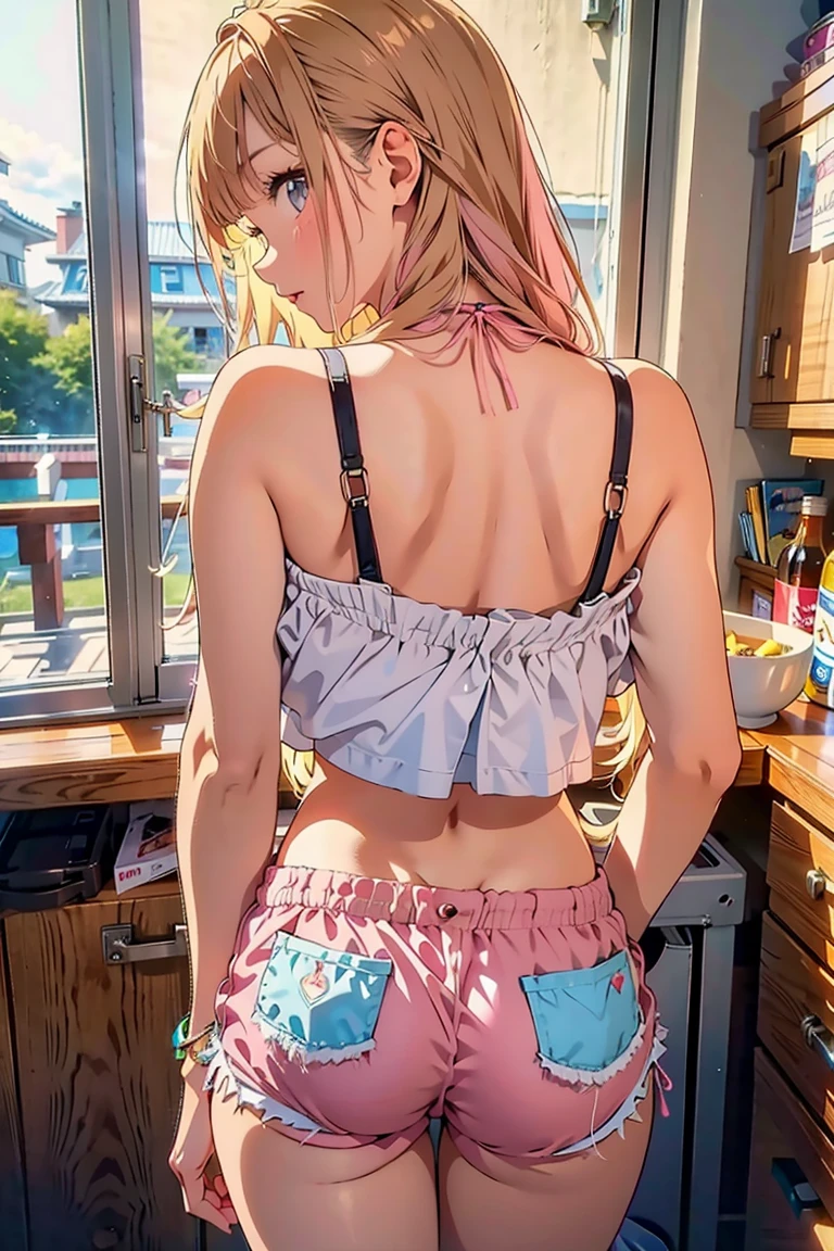 best quality,ultra-detailed,high resolution,extremely detailed cg,anime picture,unity 8k wallpaper,
blond hair,blue eyes,long hair,ripped shorts,white shirt,purse,navel,looking at viewer,hair ornament,pov doorway,open mouth,denim,x hair ornament,cyberpunk,