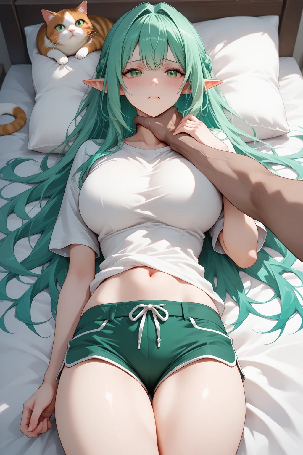 Green Hair　Long Hair　Elf　Completely naked　At the bed　Sex　Back view　On all fours