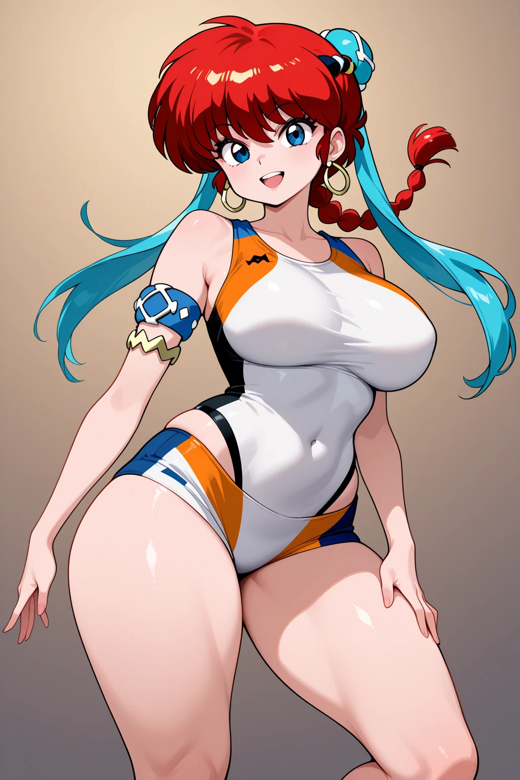 A woman in a tank top and full-zip shorts making salsa sauce at a taco stand Jeans have belts Belly button piercing There are side slits Big butt Detail the buttocks Detailing the groin area Up to the thighs High leg Swirl Eyes