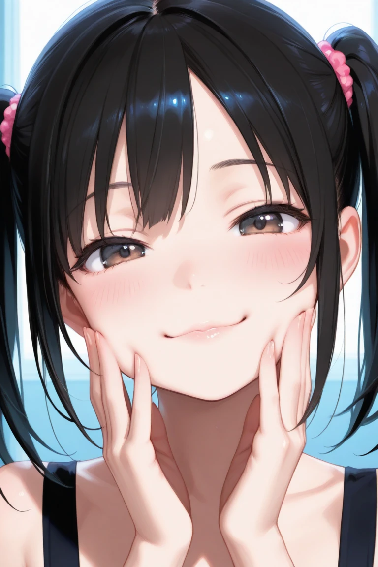 handjob,side view,eye-level shot,face focus,open mouth,tongue out,cum on tongue,Licking a white dildo,(1girl,Beautiful 16 year old girl),((Slender,Small breasts,Baby Face,Small face,)),looking at viewer,Black Hair,bangs,two side up,Gray Eyes,Drooping eyes,slit pupils,narrow eyes,A see-through black and blue negligee,first round,Beautiful and detailed anime art,Mischievous smile,Dimly lit room,Simple Background,Gray background,Low lighting