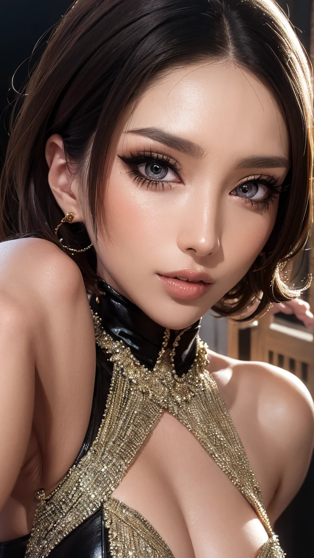 Slightly distant angle of view、(Digital art like a movie: 1.3), high quality, Tabletop, 最high quality, Very detailed, shape, [4K Digital Art]、 India No, (Sharp focus: 1.5), (Moody lighting:1.2), Written boundary depth, bokeh, 4K 、High resolution, Very detailedな, Very detailed CG Unity 8K 壁紙, Realistic, Realistic, RAW Photos, Beautifully detailed face, Pale skin, Realistic glowing skin, Detailed cloth texture, Detailed hair texture, Perfect body, Beautiful Face, Acura, Anatomically correct, Very detailed face, Eye and skin texture, Natural neck length, (Beautiful Eyes、Beautiful Hands), (Shiny skin:1.2), Thin legs, Thin legs, Knowledgeable person、Detailed face、Detailed Background

(Pixie short hair),(gal makeup, )
Dramatic Compensate、Compensate、Pinky pink lips、eye make up、mascara、eyeliner、eye shadow、Rainbow color contact lenses、((White tight shirt with collar and black miniskirt、Captivating smiling woman)), Blurred Background、Detailed face, high quality, High resolution、Librarian Woman、Obscene language、((night:1.5, Love Hotel:1.5, Bedroom、Dim lighting:1.5, sexual temptation))、Lying in bed