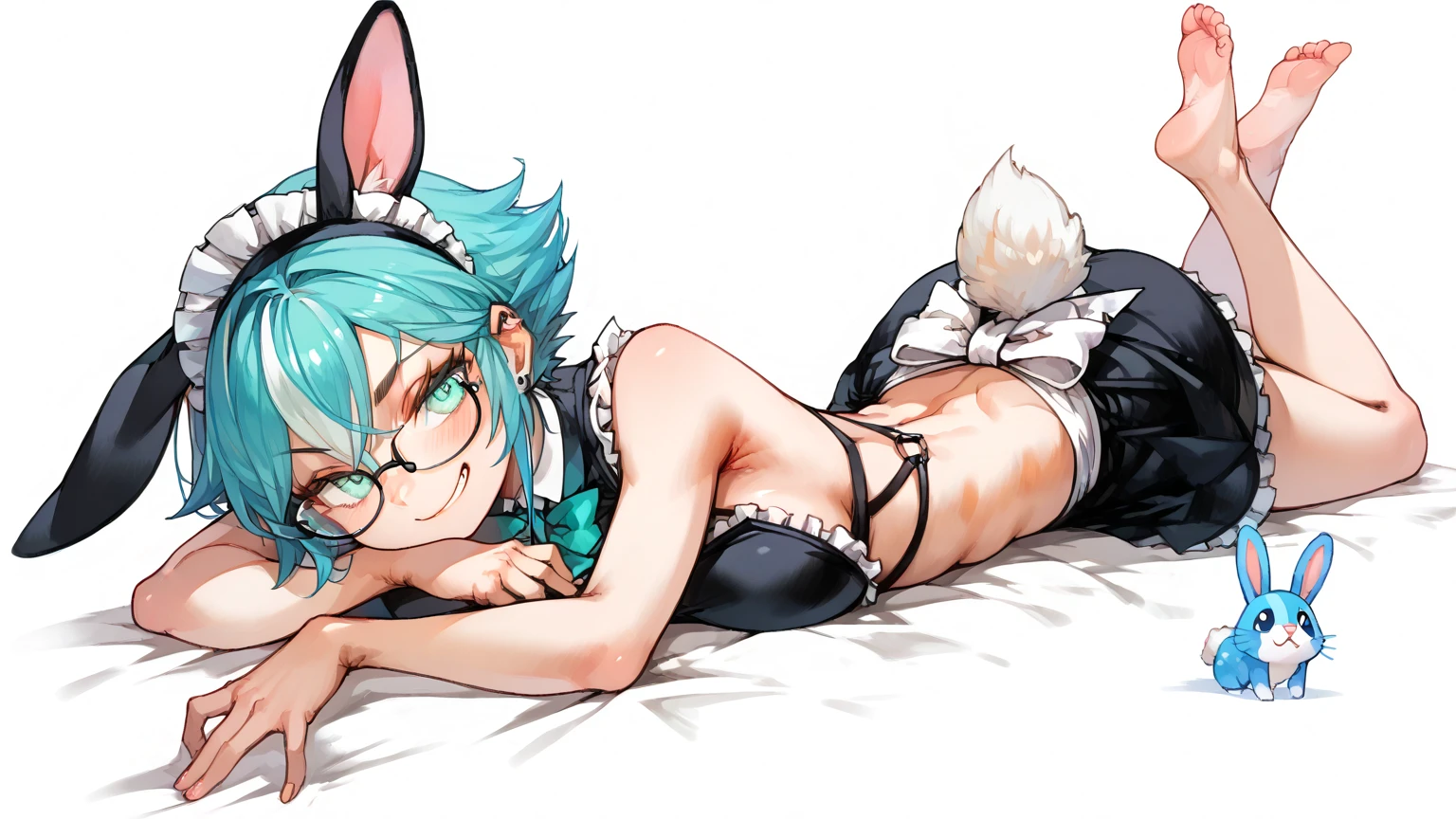 1girl, (Loli), cute, beautiful, sexy, curvy, small breast, (reverse bunny suit), (lewd outfit), (detailed clothes), elf, (creative), (unique), (lewd pose), masterpiece, good-quality, good graphics, detailed, laying on bed