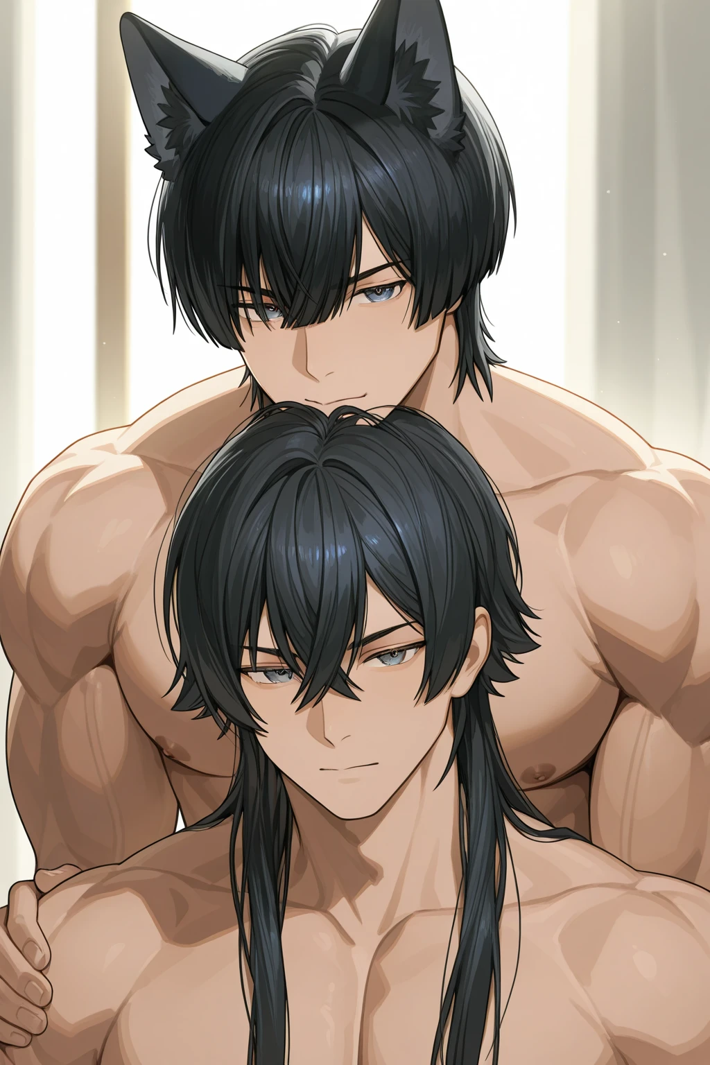 source_anime, rating_explicit, score_9, score_8_up, score_7_up, 1boy, femboy, portrait, indoors, medium length hair, brown skinned femboy, hair over eyes, ((brown skin)), messy hair, ikuchan, black hair, masterpiece, high-quality, BREAK, 1boy, muscular, white skinned, light skinned male, dominant light skinned male, kissing,  large white male, ((size difference)), bara, aether