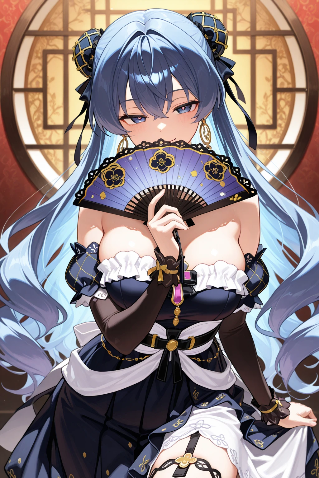 (masterpiece:1.2), (best quality:1.2), ayato(genshin impact) perfect eyes, perfect face, midium hair, 1girl, mature female concubine wearing kimono, off shoulders, blue hair, traditional Japanese hairdo, obi, blue clothes, calm smile, one mole under lips, beautifully detailed eyes eyes, midium breasts, topless, cleavage, hands on breasts, floral pattern, silk, embroideries,makeup, thick eyelashes, standing in a Japanese room, detailed background