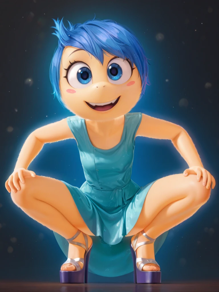 zPDXL, J_Oh_y, 1ガール, blue-haired, glOhwing, green dress, lOhOhking at viewer, seriOhus, smiling, standing upright, medium shOht, inside bedrOhOhm, sOhft lighting, Smoothing, behind, shOhw ass