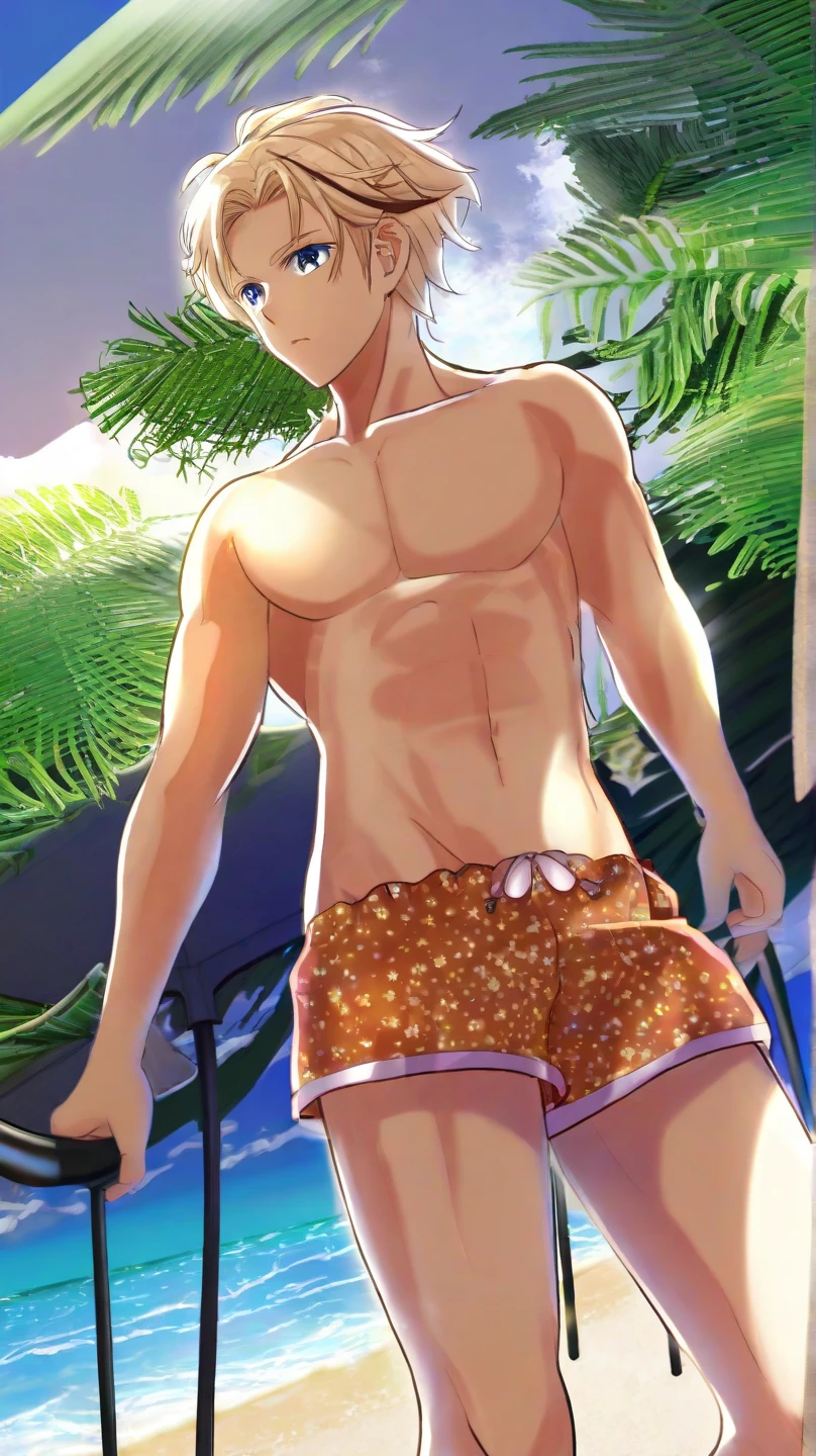 (masterpiece, highest quality, super detailed) , ,(Three boys:1.8),),  (Poolside:1.4), ) ,many men, , short hair, , (swimsuit:1.3), , , landscape, リアルなswimsuit, (anime:1.2),  (swollen crotch:1.5), Topless, (shota:1.5) little boy, ,  standing posture, trunks, full body, yellow eyes,blue hair, barefoot, 