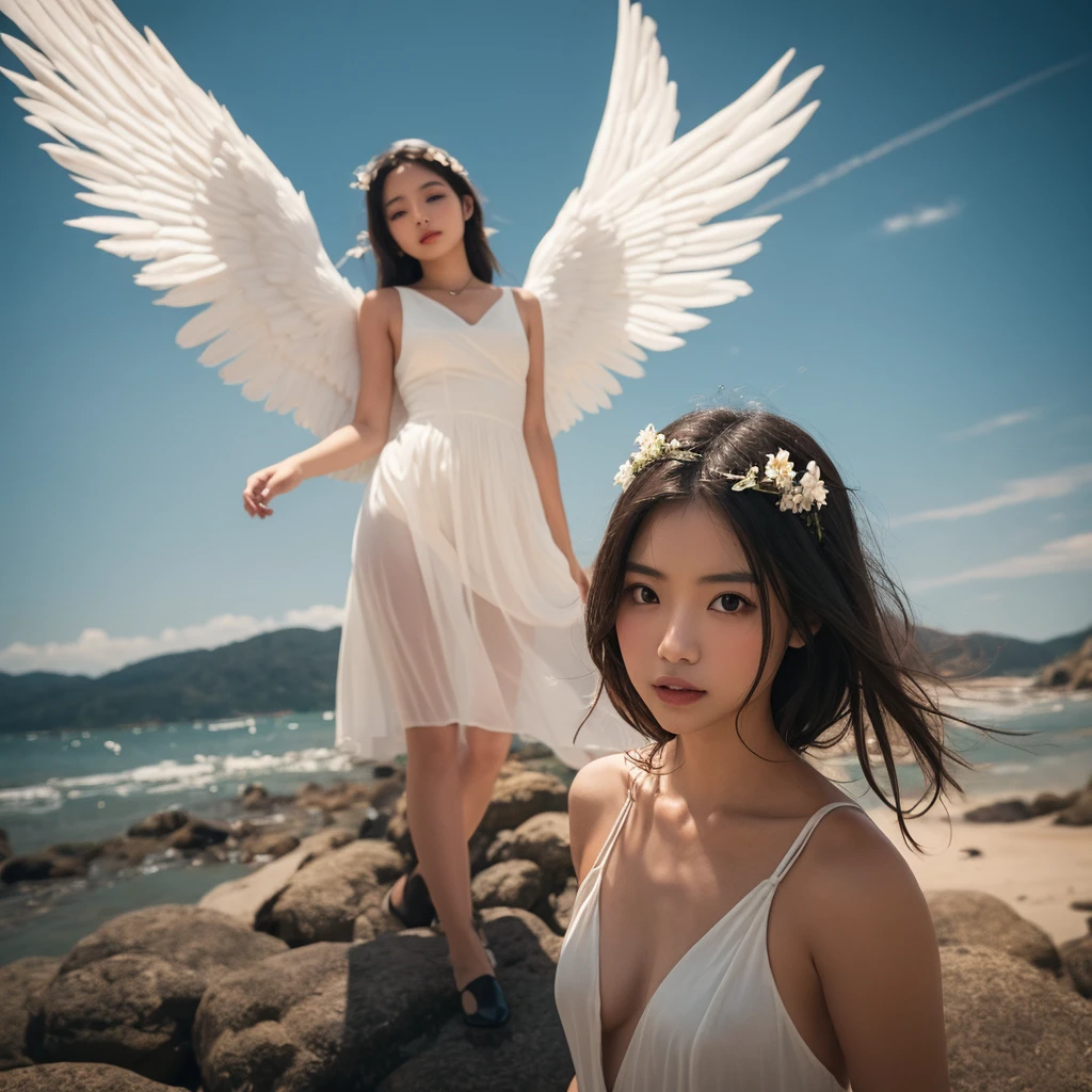 Female angel with two white wing,full body portrait or statue、Sandro Botticelli painting style,Arguments of two female Philosophe,math、astronomical machine、astronaut、roses in vase、fruits、Cute trinkets、smile、ancient greek costume、Ancient Roman landscape in the style of Nicolas Poussin,laughter,,Sweet and seductive appearance.、Caravaggio's paintings、Chiaroscuro of Caravaggio、hair tousled by the wind,Two women frolicking,cute smile, expression of ecstasy,Sexy,erotic