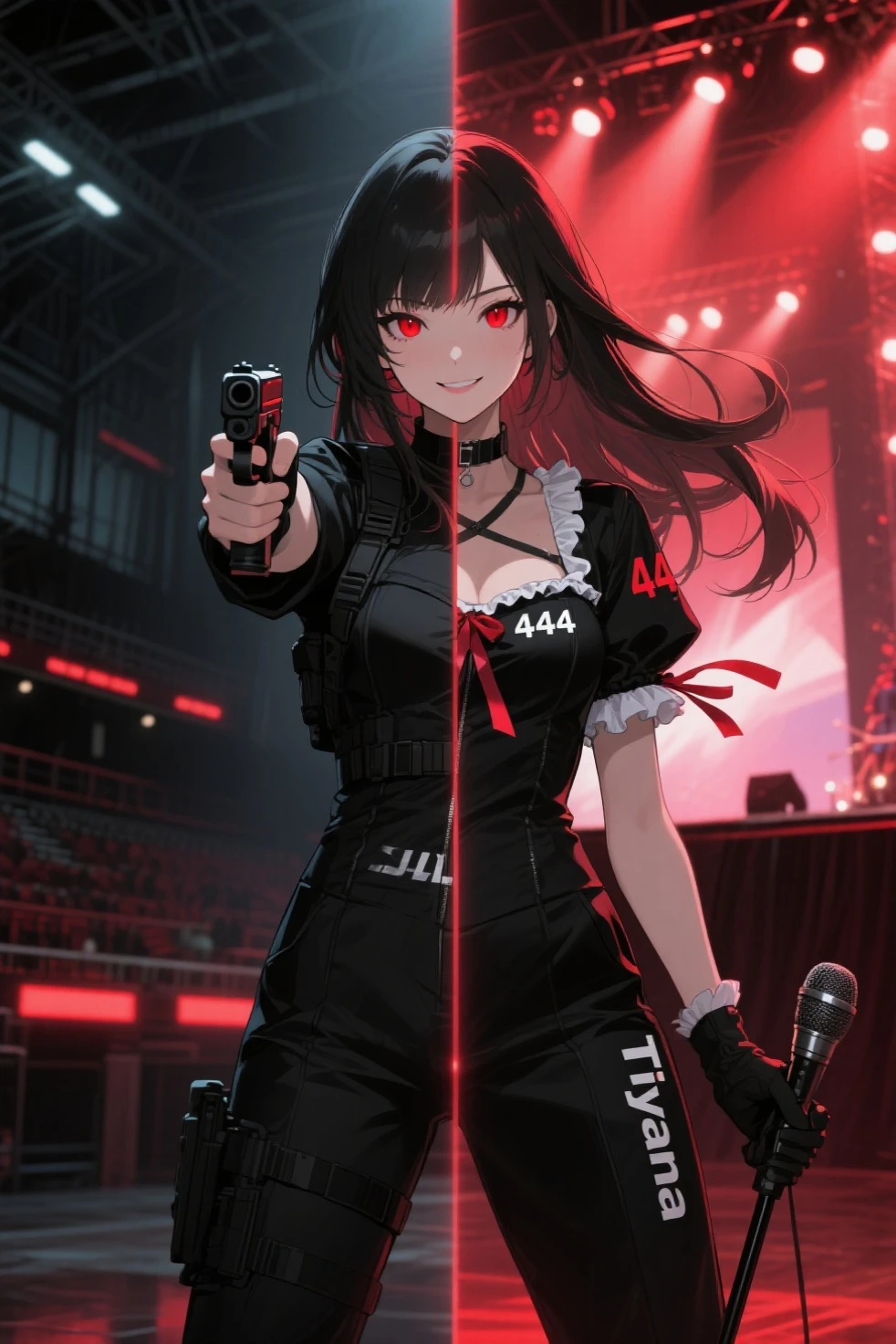une fille, magnifique, tenue noir, robe avec des collants noirs, yeux rouge, regard froid, avec un pistolet dans la main et vise vers moi, en contre plongé, vu d'en bas, style cyberpunk, 3d haute qualité