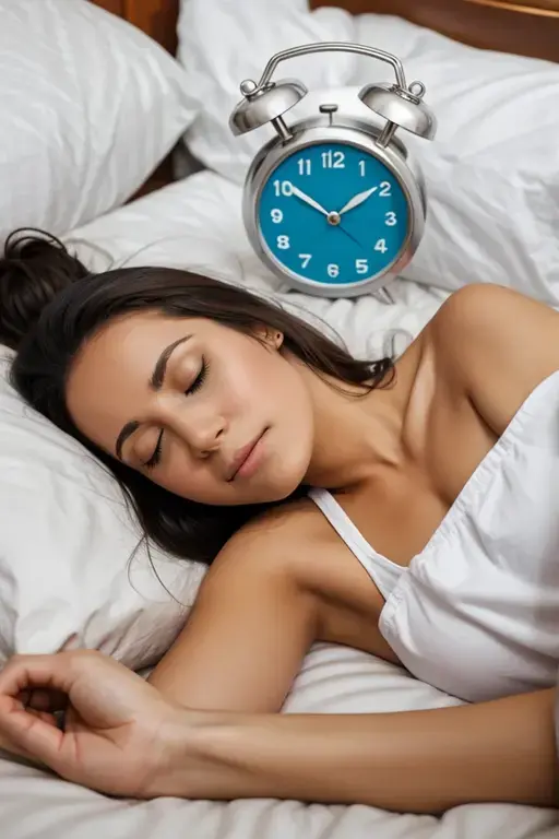 Woman sleeping in bed and next to an alarm