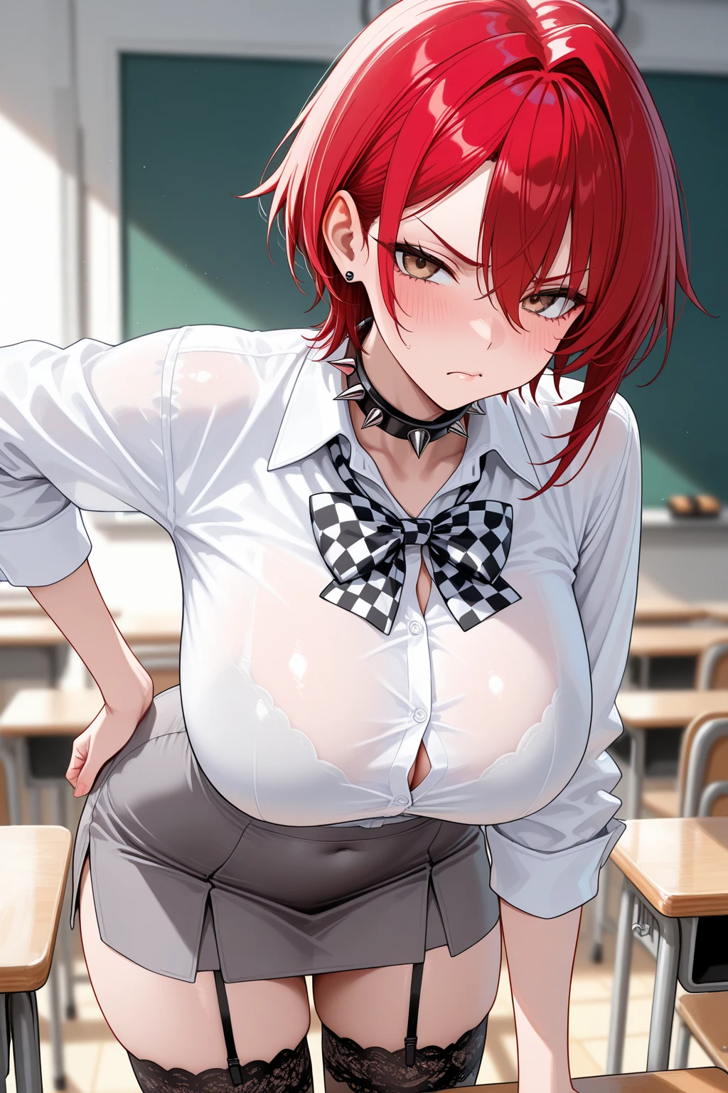 Nino Nakano, blue eyes, Say goodbye to hair accessories, (chest comes out),BREAK looking at viewer,indoors, classroom,break (table top:1.2), highest quality, High resolution, unity 8k wallpaper, (figure:0.8), (beautiful and fine eyes:1.6), detailed face, perfect lighting, Highly detailed CG, (perfect hands, perfect anatomy),big breasts,woman ,irritated expression,((white panties)),Lift the shirt,show your chest,(nsfw),Kneeling,open your legs