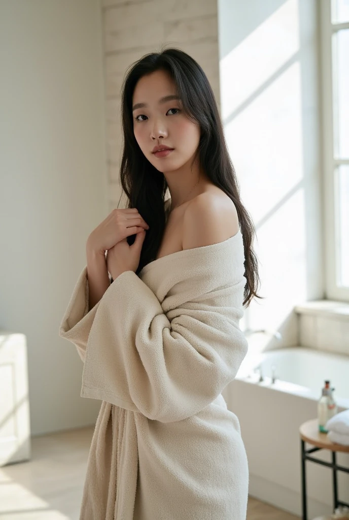 (((best quality))),(((ultra detailed))),(((masterpiece))),illustration,1girl,young,beautiful,bath towel,sun-lit bathroom,pastel-colored tiles,modern fixtures,elderly man,neatly groomed mustache,weathered skin,plain white shirt,well-worn slippers,warmth in eyes,stories and experiences,youthful vitality,damp hair,loose waves,radiant skin,sparkling eyes,mischievousness,tranquil atmosphere,playful nature,sunlight,warm glow,intricate tile work,steam rising from bathtub,mid-sentence,animated hands,telling a story,listening intently,meaningful interaction,age difference,enduring power of human connection,respect,affection,beauty of human relationships,profound impact,reminder that age is just a number