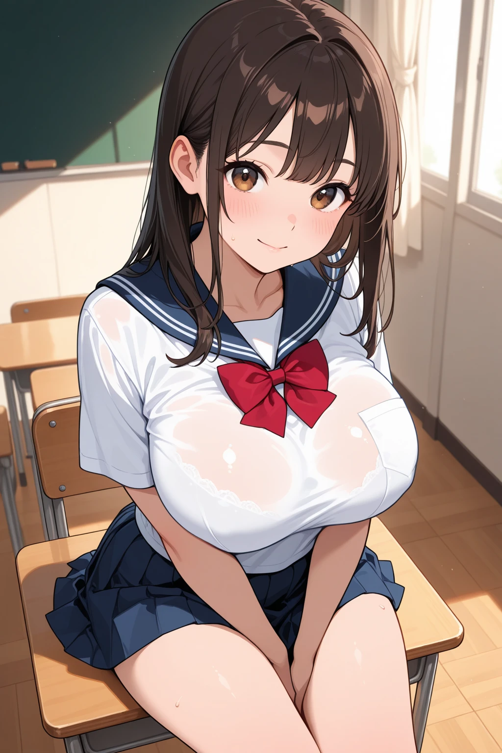 mastute piece,Best Quality,insanely detailed,8k cg,nsfw,
(shoot upper body:1.3),
(1girls:1.3),standing,looking at viewr,body in front,both arms behind back,(sailor onepiece-dress:1.3),(bare breasts),(bare nipples),
break,
blush,shy,(ecstasy face),(trembling:1.2),break,(light blue hair:1.2),
break,
perfect breasts,perfect teats,(open mouth:0.9),(large breasts:1.2),
(class room)、