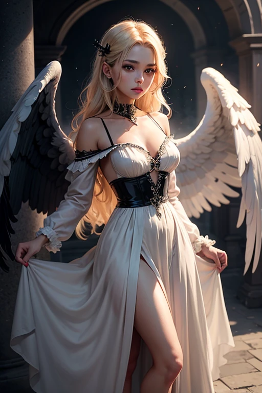 a woman with angel wings, in a white dirty torn dress with bandages on her arms and legs, sitting on a ledge, sitting against the background of yellow and blue lights, rain, muted colors, bokeh ((masterpiece, best quality)), high detail, detailed face, blood particles, full body
