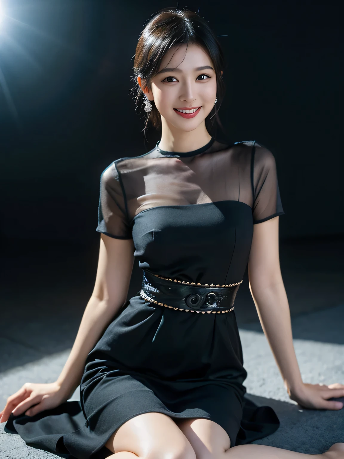 8k, Tabletop, RAW Photos, highest quality, Realistic, Highly detailed CG Unity 8k wallpaper, Depth of written boundary, Cinematic Light, Lens flare, Ray Tracing, (Very beautiful face, Beautiful Lips, Beautiful Eyes), Exquisitely detailed face, ((Highly detailed skin)) One Girl, In the Dark, Deep Shadow, Cute Korean Girl, K-Pop Idols, 1 girl, (Very slim and slender fit muscular body:1.3), ((View Viewer)),(Big smile:1.3), (Fashion City Night, Dark Night, (Neon Signs), (Blurred Background), Fashion Street Night),(No people in the background:1.3), Beautiful earrings, bracelet, pantyhose, Clear Eyes, walk, (Pale skin), (Big eyes), Look forward, (Brown Hair), (Full Body Shot), ((A thin, sheer silk mesh cheongsam:1.3)), ((Tight Fit Dress)), , (View Viewer:1.3) Open chest, Very slim, huge , Backtrack, (Buckshot), focusing, In front of eyebrows,(Tight dress), Thick thighs,Beautiful ponytail