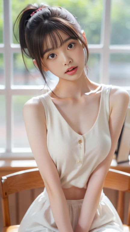 12 years old, (japanese Famous idol:1.4) (1cute girl:1.4) (very young face:1.4) best quality, face focus, soft light, ultra high res, (photorealistic:1.4), RAW photo, 1japanese girl, solo, cute, (pupil, lights in the eyes), detailed cute face, (small chest),(high resolution detail of human skin texture), Damask Shirt Dress, (portrait)