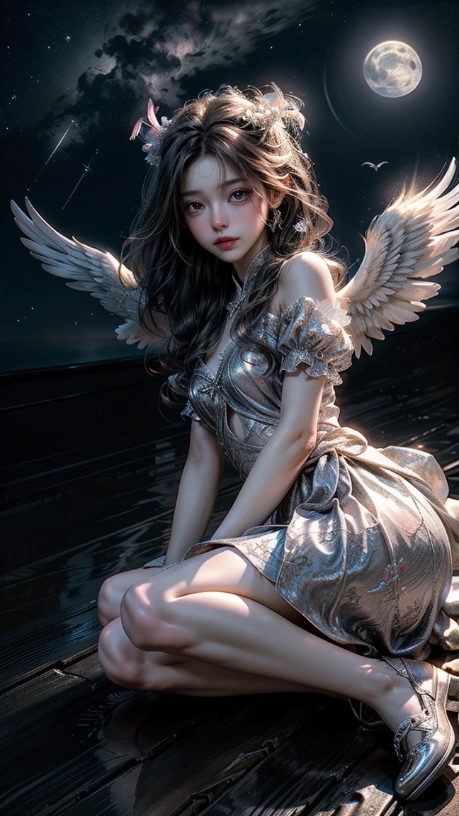 A girl, long hair, eyes closed, transparent ribbon covering her eyes, expressionless, lips slightly open, white dress, shoulders exposed, head up, legs exposed, barefoot, sitting on a table, dark room, dark background, dark tones, depth of field, vista, all the way angel's wings, another angel's wings on the ground,