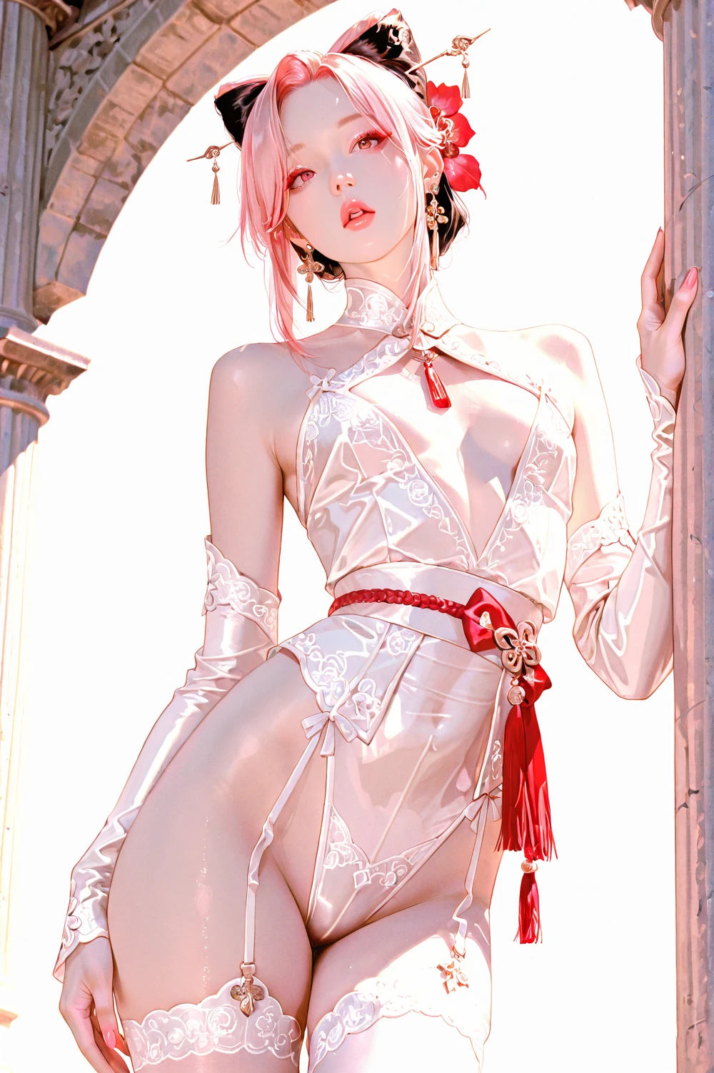 (masterpiece, realistic, photo-realistic:1.2),long hair,(pink hair:1.2),purple eyes,(very long hair:1.4),separated sleeves,jewelry,wide_sleeves,(hair_ornament:1.4), Girl hanging from the ceiling with her arms tied by a rough rope、perspiring、Ropes tied her body、a wet body、Rough rope that cuts into the crotch、A large amount of fluid flows out of the crotch、put one foot on a rough rope、tied up with ropes、Strongly tied up、Hands tied、,(((Panting face with closed eyes))) ,( nsfw, breasts out, puffy nipples),((masterpiece, best quality)), utifully detailed face,ultra realistic 8k cg, charming, seductive, erotic, alluring, enchanting, deity, jewelry, one mole under eye, glowing eyes, piercing eyes,(hiqcgbody:0.3), (hiqcgface:0.3), epic, (royal palace), royal, ((rich, prestige)),pussy, (((Ultra-thin silk transparent sexy clothes:1.3))),(sexual behaviour :1.5),(1 pussy), ((cum)), ((cum in pussy)),pussy juice(There is white viscous liquid flowing out of the vulva:1.3),(Sexually suggestive liquipissing:1.3)