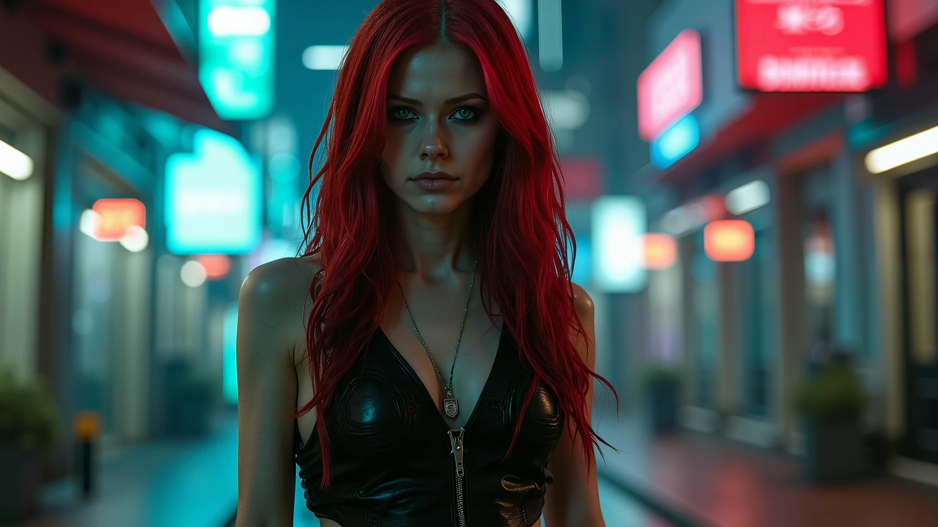 A beautiful woman with red hair and green eyes. She is wearing a seductive cyberpunk outfit. She is standing on a street at night with neon lights.