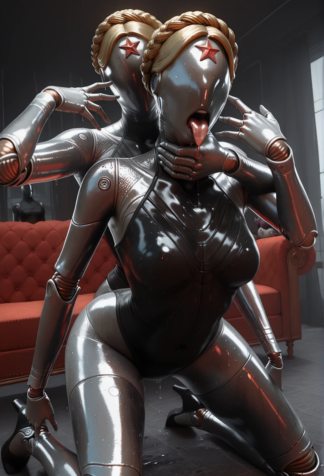 (masterpiece, 最high quality)
(One girl:1.5), (Metallic Skin, No Face, robot:1.3), Atomic W,Atomic Heart twins giving blowjob,Early teens,No Face,Fair-skinned young woman taking a photo, Healthy Body,Realistic boobs,Realistic Ass,Juicy body,Plump, flesh-colored thighs,Mature Body,plump,Big Breasts(flesh-colored breasts,Sexy cleavage,Ample breasts)Sex slave,Wear torn cloth,Wearing shabby clothes,Tongue wrapped around cock,Sticking out tongue,Wet tongue,Drooling,Hot body,Attractive ass,Stick your ass out,Soft Portrait Shot 8k, beautiful girl, Beautiful portrait, Beautiful Woman Photos, Beautiful young woman, Beautiful portrait photography, Beautiful model girl, very Beautiful young woman, beautiful girl model, Beautiful Portrait Lighting 8K UHD, Digital SLR, high quality, Film Grain, Fujifilm XT3