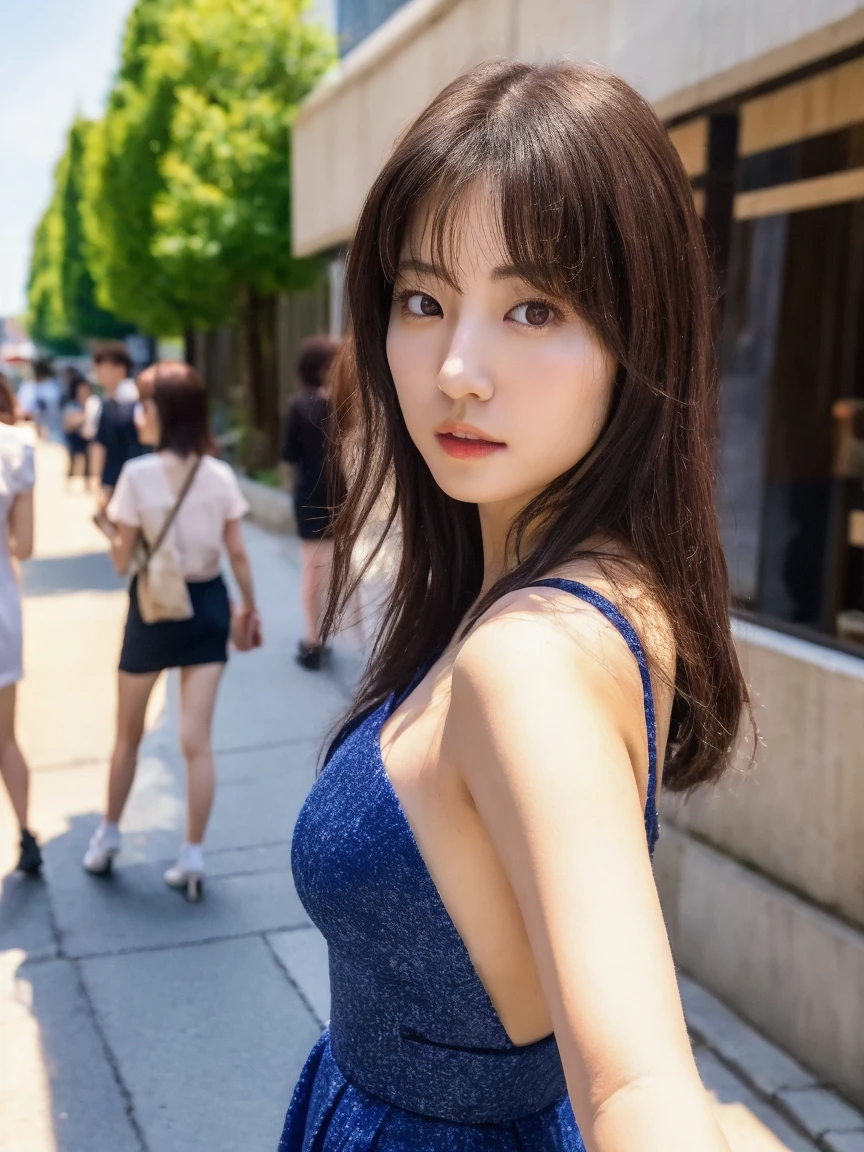 charming look of women with big breasts and wearing sexy clothes such as crop tops and shorts, enchanting body curves posing in the middle of the city