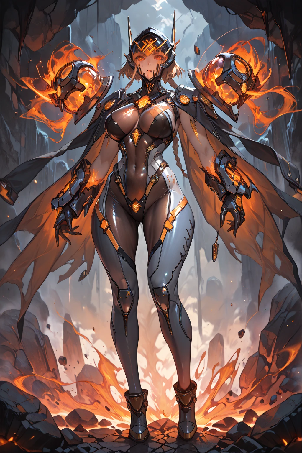 (Best Quality)), ((巨作)), ((Realistic)), (Detailed), Reflective white light: 1.5, bright orange texture: 1.3, 1 Beautiful young woman in a camel suit, sexy, From top to bottom of the shot, Lots of glowing neon mushrooms, mandala, Cinematic, sharp, Ray tracking, glow, illumination