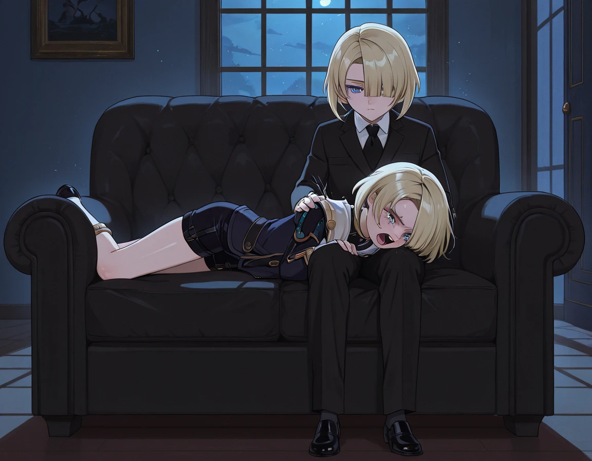 In a modern living room, filled with natural sunlight filtering through open curtains, a young man and a young woman relax together on a plush sofa. The man is distinguished by his white hair, yellow eyes, and slim frame, clad in a pristine white shirt and matching jogging pants. He holds a meticulously detailed smartphone, his expression bright with a warm smile.
Opposite him sits the young woman, her blonde hair catching the light in soft waves, complemented by piercing blue eyes. She wears a stylish blazer over a neatly pressed shirt, paired with jeans. Engrossed in a green book, she exudes an air of focused concentration.
The entire scene is a testament to artistic excellence, featuring impeccable animation and attention to detail. Both characters boast expressive eyes, flawless facial features, and hands with precise anatomical accuracy, right down to their fingers. The modern décor of the room enhances the ambiance, with carefully chosen furnishings and decorations that add to its contemporary allure.