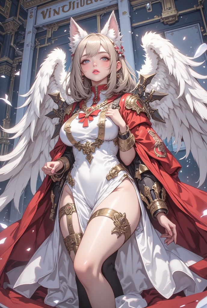 masterpiece,best quality,ultra-detailed,very detailed illustrations,extremely detailed,intricate details,highres,super complex details,extremely detailed 8k cg wallpaper,white hair hair,soldier armour,long cape,angel wings,large breasts,<lora:BrownDustLoRA:0.8>