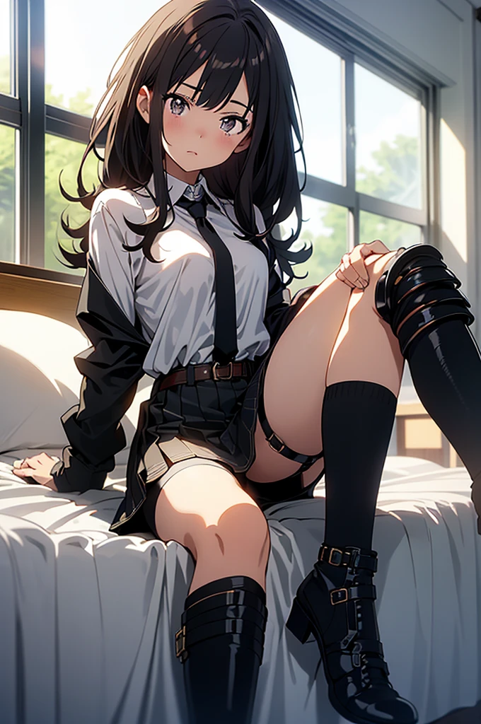 Brown hair、watching at viewers black suspenders Bulging big breasts walls: Black miniskirt garters Gaze Small face bangss holster Beautuful Women hands up Leg holster lying on the bed Gaze black boots panty shot