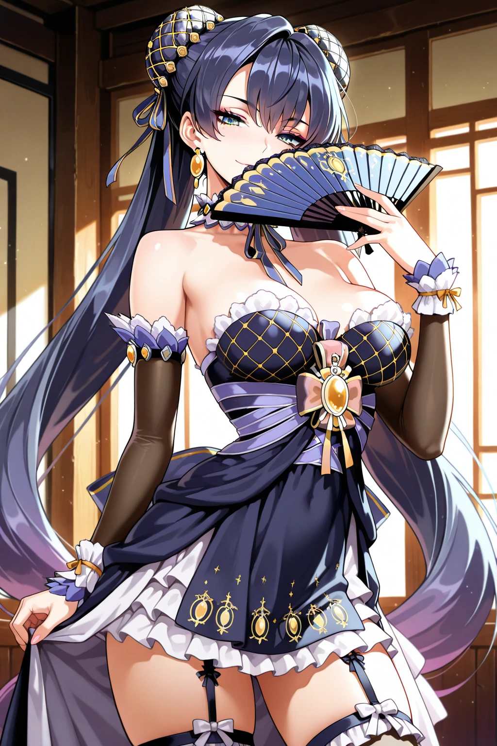 masterpiece、top-quality、hight resolution、High-quality images、8K、the detail、1lady、Photorealsitic、skin gloss、Texture、Lustrous hair、Detailed eye depiction、s lips、cabelos preto e longos、poneyTail、portlate、Long body、sensually、Thicker thighs、a miniskirt、knee high socks、Mucha style background