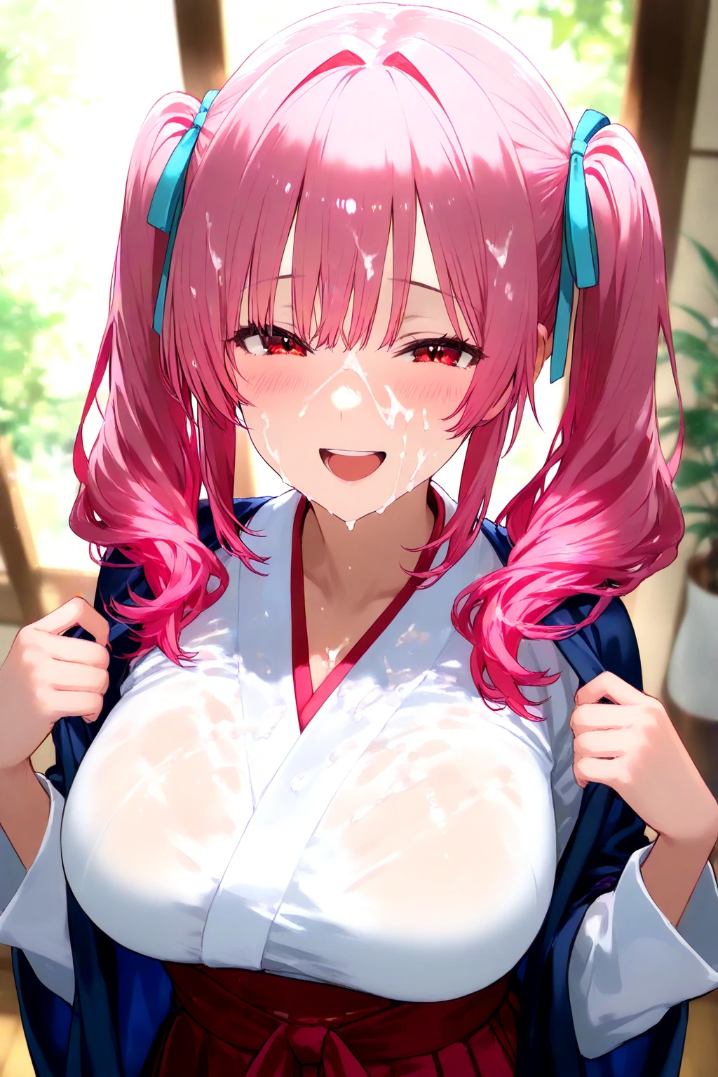 nsfw, 1 girl, game CG, white bathrobe over naked, gigantic breasts, pink hair, long hair, hair up, princess hairstyle, ahoge, pink eyes, indoors, hut, rain, 1boy, fellatio, penis, cum, pov,