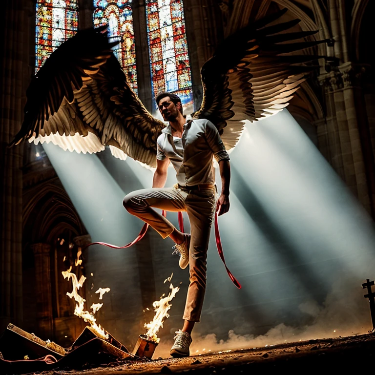 Full naked body shot of angry  young boy from Korean with a singer idol appearance, flying in the air with black devil wings, lightning,  ,handsome, brown boots , nude body , midnight, raised a light power,torch, small soft man penis.