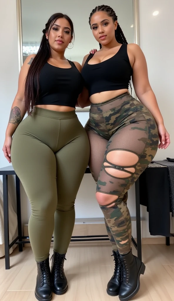 two women in army green outfits posing for a picture, a colorized photo inspired by Vanessa Beecroft, trending on cg society, digital,big tits art, thicc, tight outfit, thick thigs, tight attire, tight fit, wearing military outfit, militaristic!!!, thick, varying thickness, wearing tight suit, hair red ,miltary, perfect military composure, army, thick body standup, medium tits take picture standup in the beach