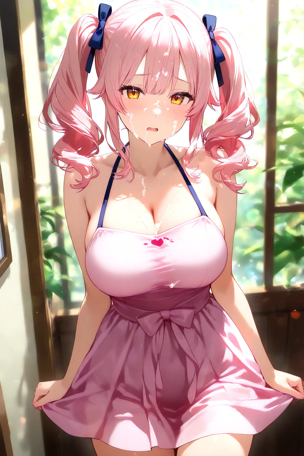 A girl with a slim body, Big breasts and very big hips, some muscles in the abdomen, rectangular eyes, Red eyes, Detail-oriented eyes, through the wide reddish pink hair, She's wearing a very small, light mint green cat lingerie., a sweet facial expression , sweat , he is alone 