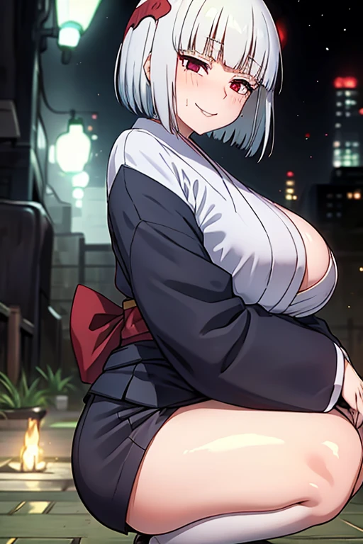 (masterpiece, high quality, 最high quality, High resolution, Detailed CG, Shadows in the movie, Movie Scenes, Beautiful attention to detail, Super Resolution, Depth of written boundary), Looking at the audience, Look down, (Blushing look on the cheeks:1.2), (Smiling expression:1.2), (Erotic expressions:1.0), blue eyes, Silver Hair, Gray Hair, short hair, Five Fingers, Good composition, Curvy, (kimono:1.0), (yukata:1.0), (Short-Skirt kimono:1.2), (Short-Skirt yukata:1.0) (Camel Toe), Thick thighs, thick, Large Breasts, Huge breasts, Wet, Dark Background, Blur the background,