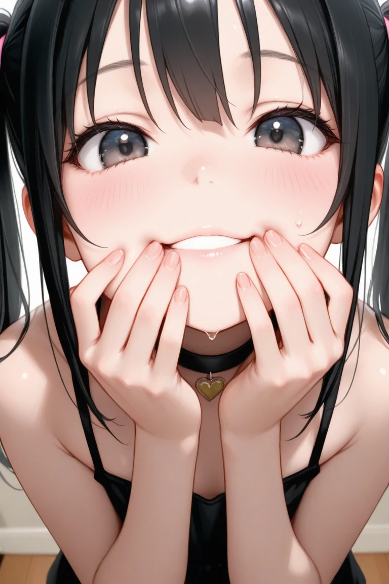 handjob,side view,eye-level shot,face focus,open mouth,tongue out,cum on tongue,Licking the penis,(1girl,Beautiful 16 year old girl),((Slender,Small breasts,Baby Face,Small face,)),looking at viewer,Black Hair,bangs,two side up,Gray Eyes,Drooping eyes,slit pupils,narrow eyes,Sweater fabric mini dress,bare shoulder,Beautiful and detailed anime art,Mischievous smile,Dimly lit room,Simple Background,Gray background,Low lighting