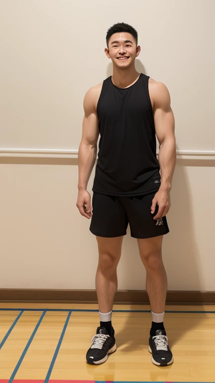 Korean man, handsome, muscular, athletic, shirtless, black pants, Full body shot
