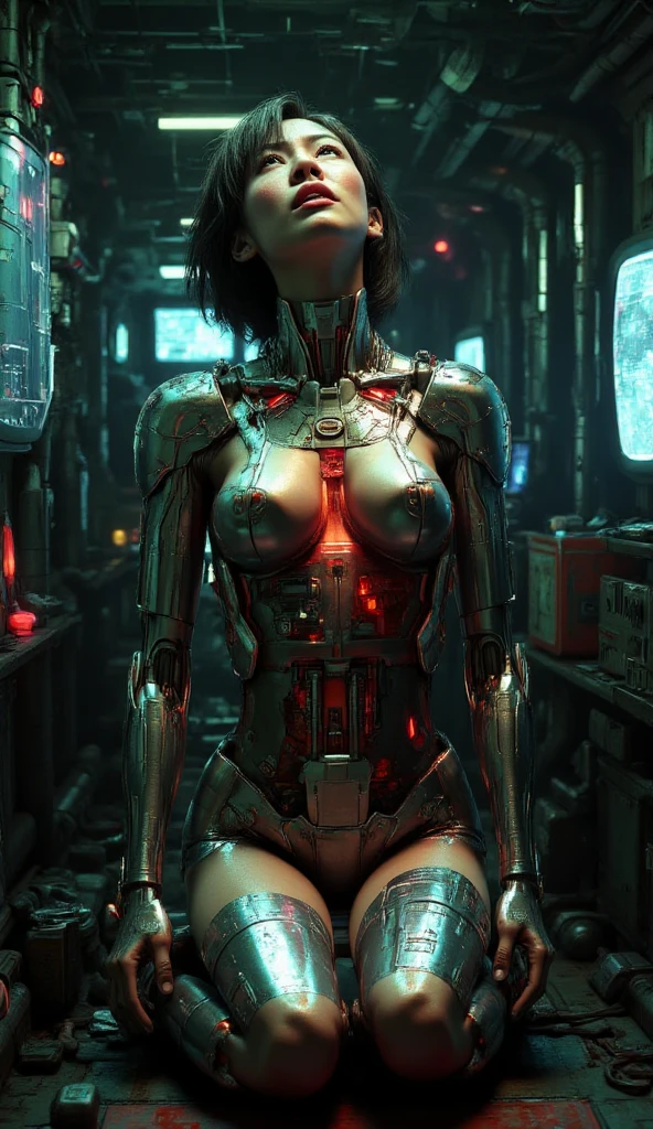 (Best quality, 4K, 8 k, A high resolution, masterpiece:1.2), absurdity, masterpiece, ultra detailed, (realistic, photorealistic, photorealistic:1.37), complex parts, HDR, (complex parts:1.12), (hyper detailed, hyper realistic, Soft lighting, spicy:1.2), beautiful figure, Magnificent Anatomy, (complex part, Hyper detailed:1.15), cyborg woman sitting on the couch with her legs bent.