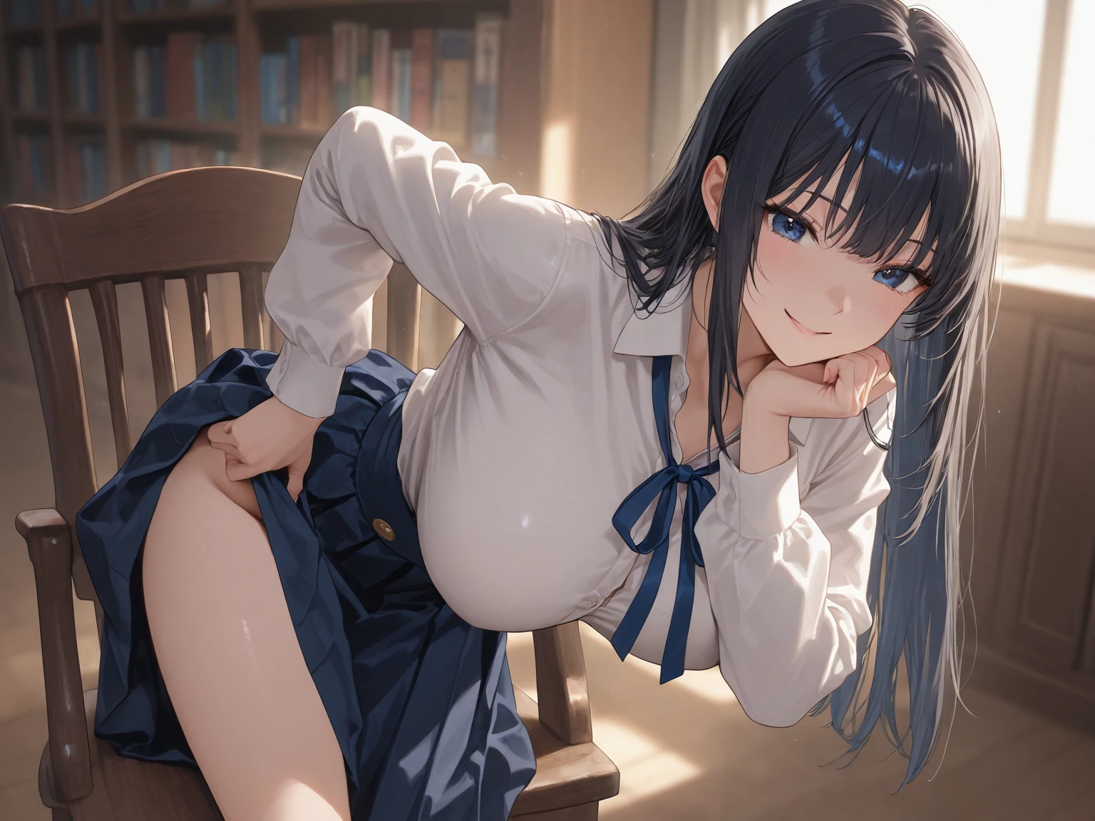 1girl, natural lighting, masterpiece, highly detailed, illustration, game CG, absurdres, high quality, aichan, large breasts, beautiful detailed eyes, detailed hair, glossy lips, blush, (school), white shirt, black pleated miniskirt, very curly hair, leaning forward, (blue hair), looking back at viewer, (panties:0.8),
