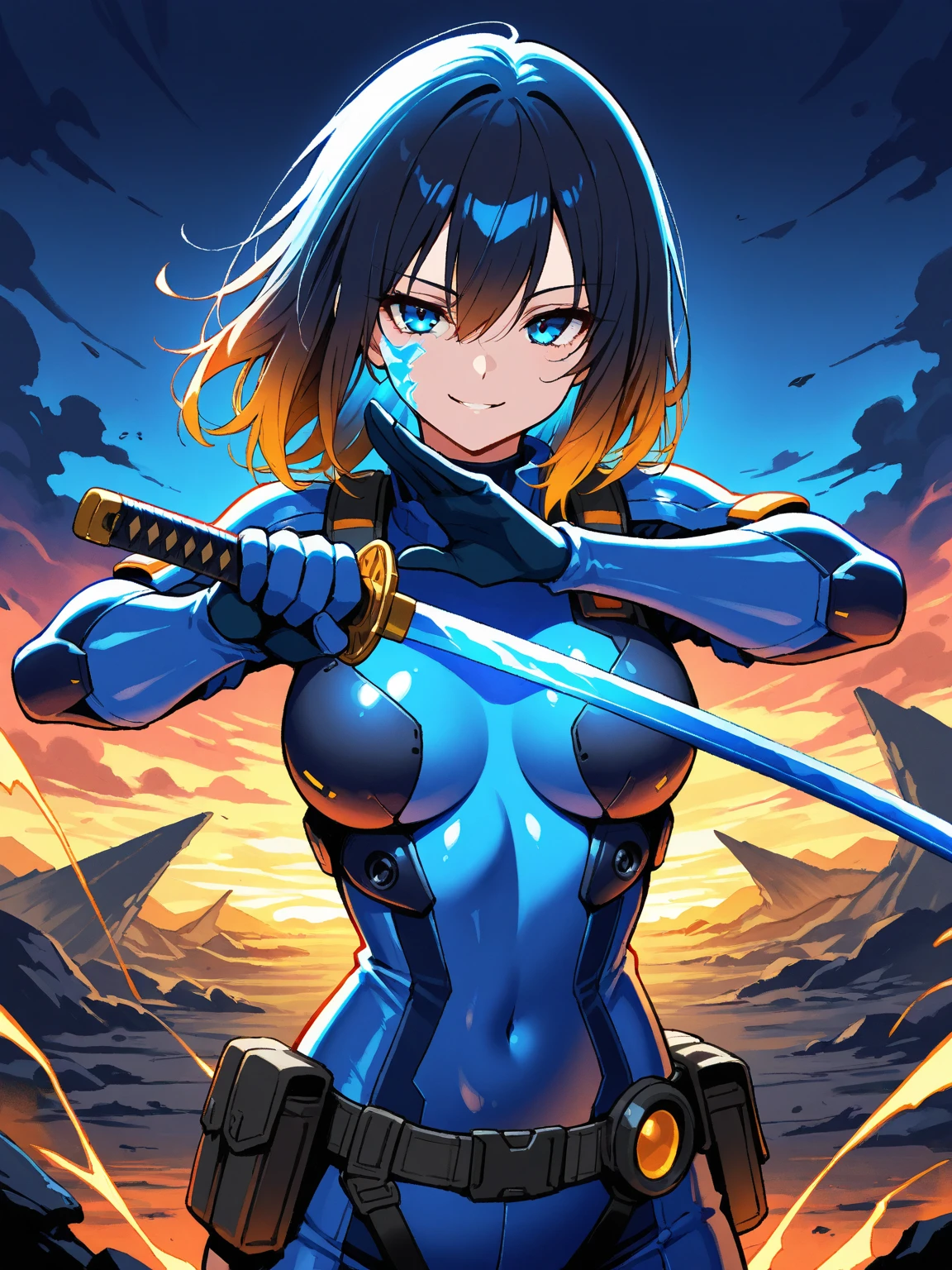 4K,hight resolution,One Woman,Bright blue hair,Short ponytail,Yellow eyes,Colossal tits,samurais,light blue tight cyber suit,Japanese Katana Sword,futuristic castle,Night background