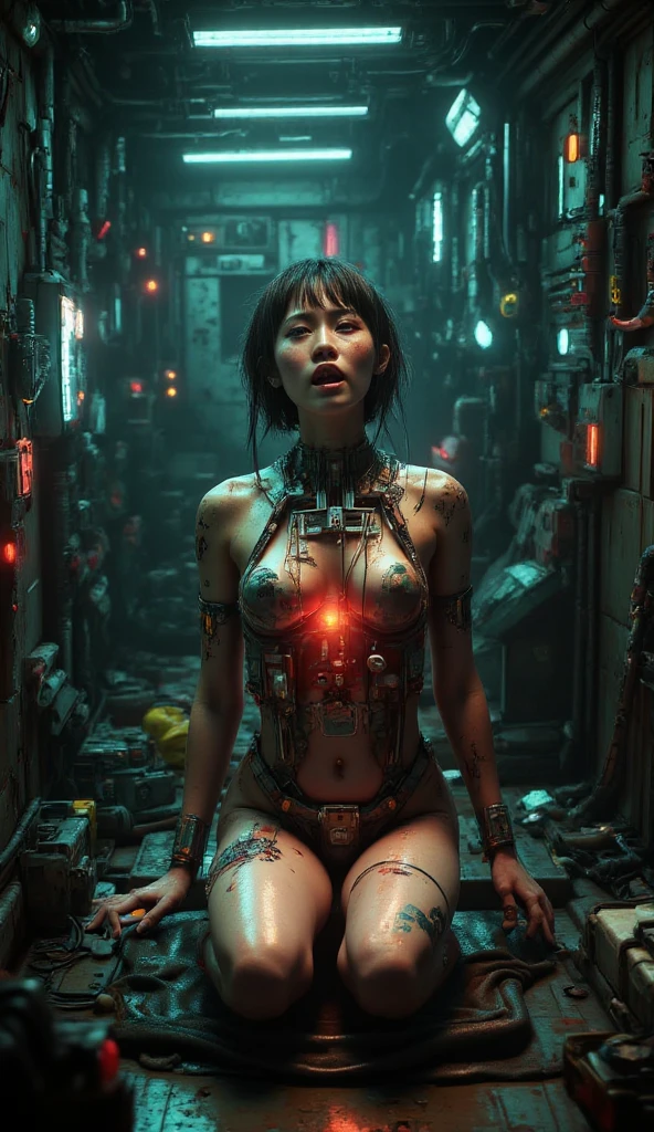 (Best Quality,hight resolution,Masterpiece, full body shot:1.2),Ultra-detailed, sexy cyborg woman,sickly,sitting in a creepy laboratory with cables connected to her back, she has robotic parts, horror sci fi, intern of creepy spaceship laboratory, sensual pose, aseptic and very dark ambient, sexy and creepy, standing at the right of the image, robotic body parts, perfect body, horror aesthetic, looking at the camera,gloomy ecstasy,fetish,dark gloomy atmosphere, creepy atmosphere, gritty texture,Retro-atmosphere,warped reality,melancholic expression on their faces,mysterious aura,foggy atmosphere,foggy background,golden color palette,provocative pose,Strong emotions,Coming Out of the Depths of Despair,Piercing gaze,intense shadows,Plunged in Darkness,dark industrial aesthetic,ominous vibe,A supernatural sensation,Loss of Place in Time and Space,Eerie silence.
