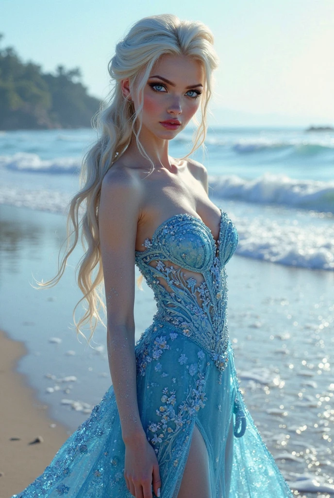 Blonde woman wearing a blue dress on the beach with the ocean in the background, Ukrainian girl, Blonde hair blue eyes, Blonde hair and blue eyes, beautiful Blonde woman, Beautiful blonde girl, Blonde braids and blue eyes, Blonde hair and big eyes, Blue eyes, blonde hair, Blonde woman, Pretty woman, Olga Buzova, Anastasia Oftshnikova, Portrait of a beautiful woman
