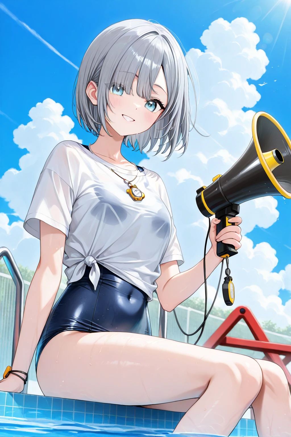 1girl、(((best quality)), ((masterpiece)), (details), masterpiece, best quality, high quality, ulutra detailed, perfect face, ((1girl, Blue eyes, cat ears: 1.3 silver bob hair: 2.5,))、Shiny Hair、Glowing Skin、smile、Lustful look、I can see your toned stomach、Sideboob、Underboob、Cheergirl Costume、Shorts、Butt、((Speaking through a megaphone))、Stadium Background、smile、Sweat glistens、Cheeks are a little red、whole body、dance