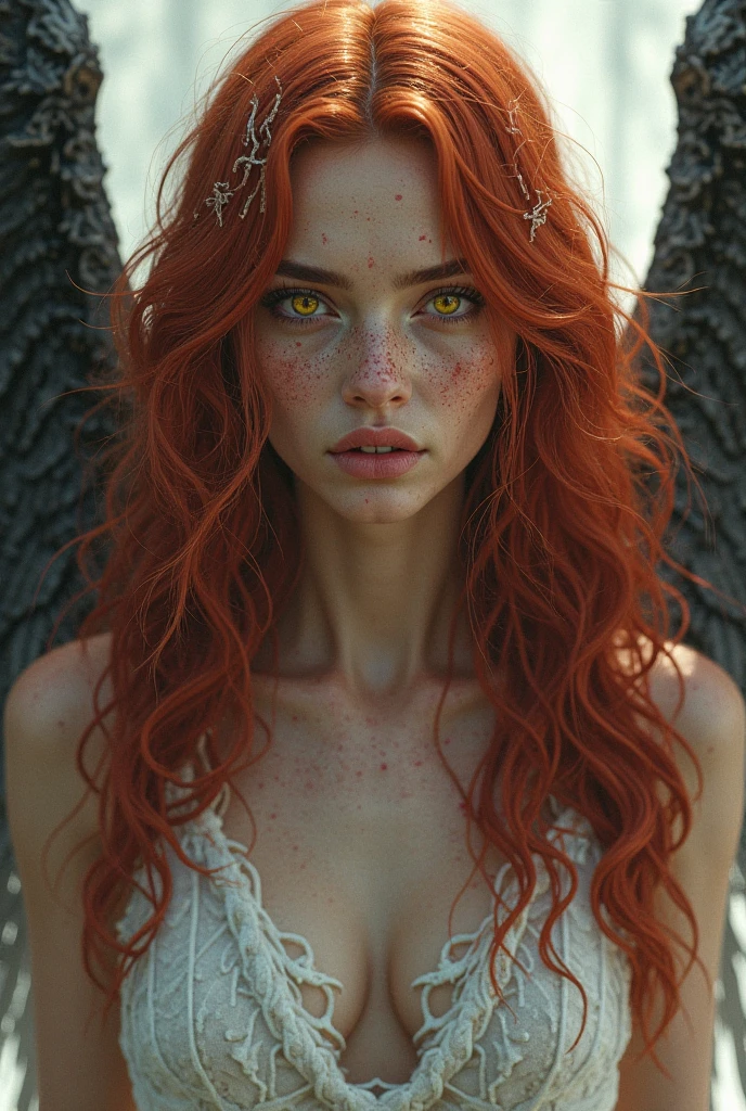 ( ginger hair woman,23 years old with stunning gothic black archangel wings in fire:1.6), (naked, nude:1.8), (Without clothes:1.8),(long, messy hair, hair floating in the wind:1.6), blue eyes, detailed eyes, detailed lips, (lies nude, sensual, full body:1.5), (photo from low angles:1.5), (creepy and scary gothic church, abandoned with fog and fog, snow:1.3), low neck, ray tracing, (best quality, 4k, 8k, high resolution, masterpiece:1.2), very detailed, (realistic , photorealistic, photorealistic :1.37), HDR, UHD, masterpiece, professional, vivid colors, bokeh, studio lighting