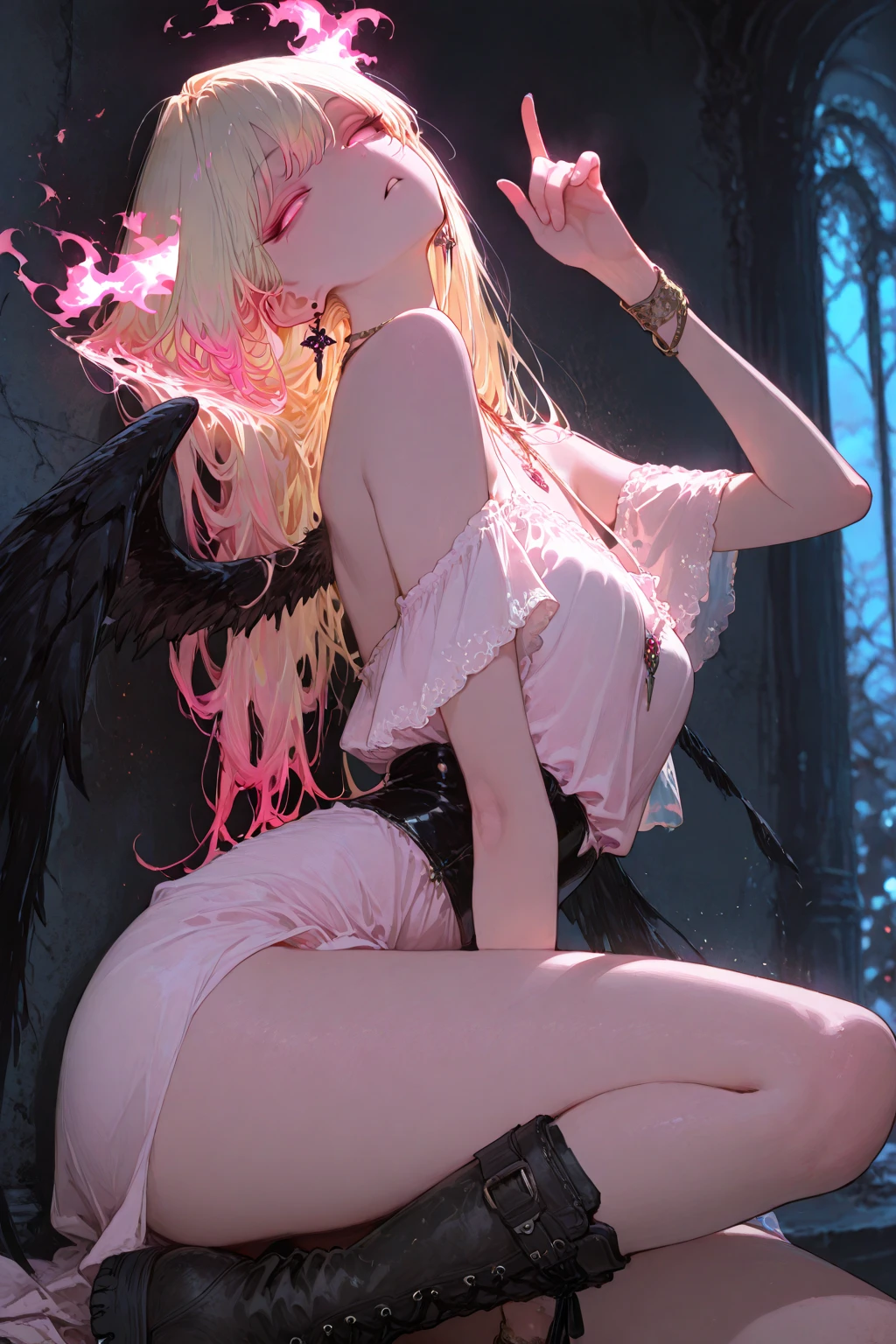 ((Highest quality)),(Ultra-high resolution),(Very detailed),(Detailed Description),((The best CG)),(A masterpiece),Ultra-detailed art,Amazing painting art,(Works with precise details:1.5), (1 female:1.6),(Beautiful and well-proportioned face:1.5),(Curly Hair:1.6),(Intricately detailed lace dress:1.8),Fine jewellery with exquisite detailing:1.5,Waist Accessories:1.5,Look at me and smile:1.5, (See-through nipples:1.1),, Angel Girl, (((Magnificent white angel wings on his back:1.2))), Mature Woman,Descended into the church,(Pastel colored hair:1.3),(Red and black long high heel boots:1.4), (garter belt), (stockings)、 (Floating in the sky with magical powers:1.2),(Floating skirt:1.5), (Embarrassed expression, blush:1.2),(bracelet),(heart choker)