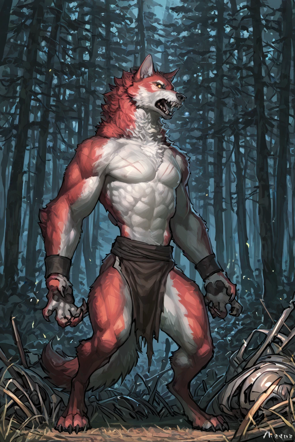 score_9, score_8_up, score_7_up, score_6_up, score_5_up, score_4_up, (solo), male lycanroc mid transformation, solo, masterpiece, best art, black , detailed hands, forest, shocked expression, night, moon, looking at hands,, muscular, body hair, snout, paws, fur