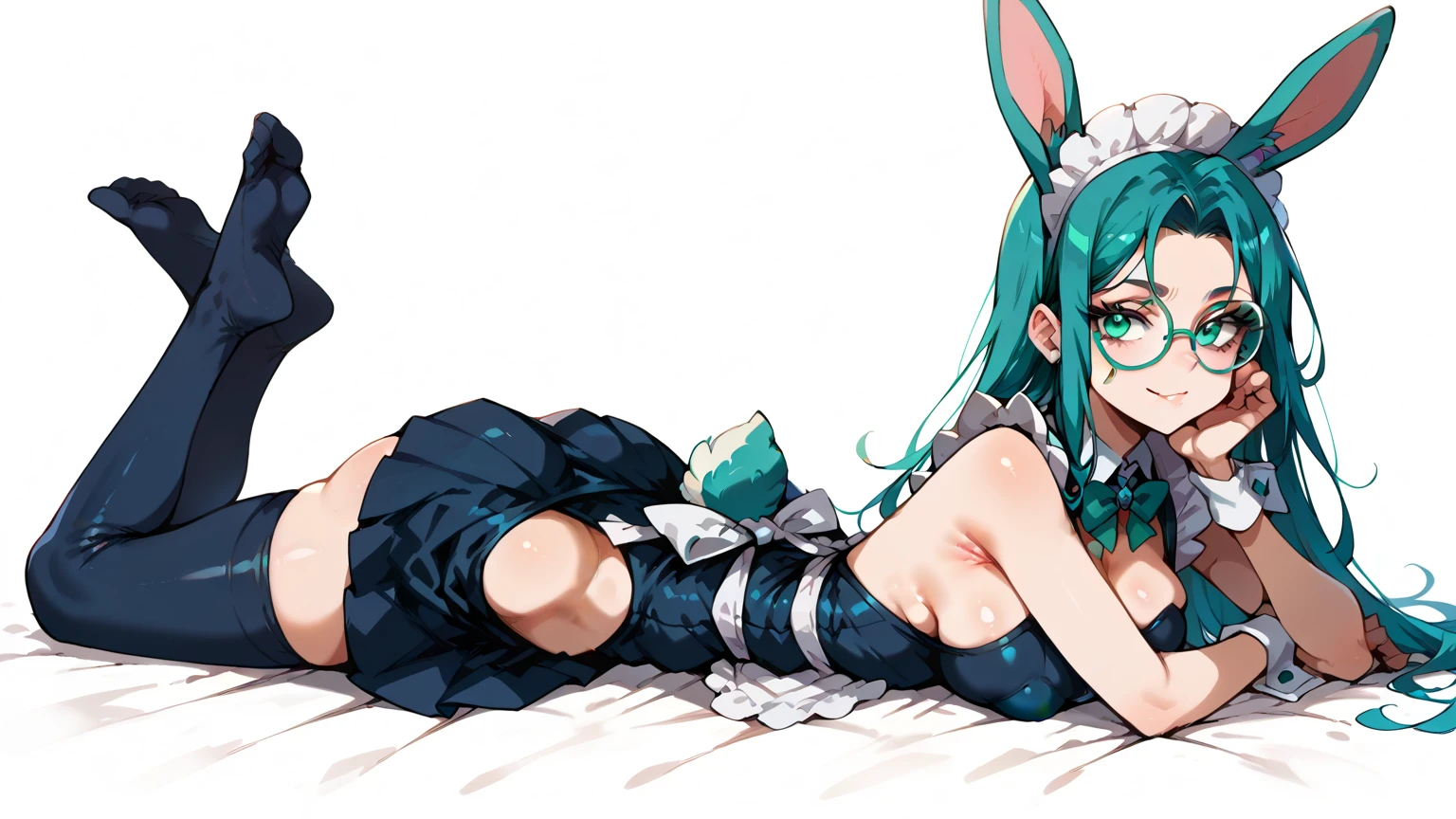 long hair aqua hair ponytail red eyes,slit pupils,full body,bare skin, BLACK BUNNY SUIT, BUNNY EARS, fishnet,smelling, nosebleed, clenched teeth, open mouth, pout, sigh,in the inn
